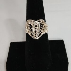Elegant Sterling Silver 925 Filigree Heart Ring - Size 6.5